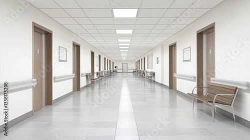 Wallpaper Mural Long, bright hospital hallway with doors, benches, and a sterile atmosphere Torontodigital.ca
