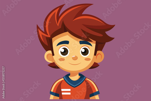 A cheerful boy with spiky red hair wearing a sporty outfit smiles in a colorful, cartoon style illustration, Urgent Customizable Cartoon Illustration