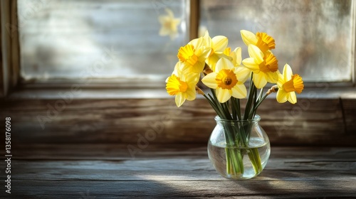 Wallpaper Mural Vibrant yellow daffodils in glass vase on rustic wooden table by sunlit window. Torontodigital.ca