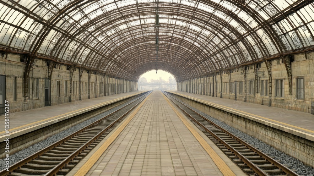 Obraz premium Long train platform beneath arched glass roof, rails lead into the distance, empty and still