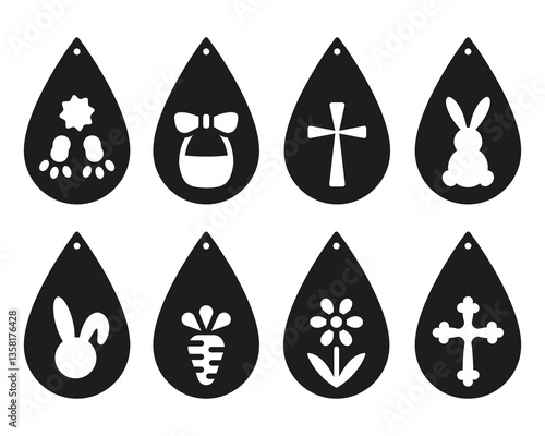 Set of 8 Easter teardrop designs for earrings, pendant or keychain. Jewelry cutting template. Laser cut with leather, wood or metal. Hanging bijouterie vector stencils