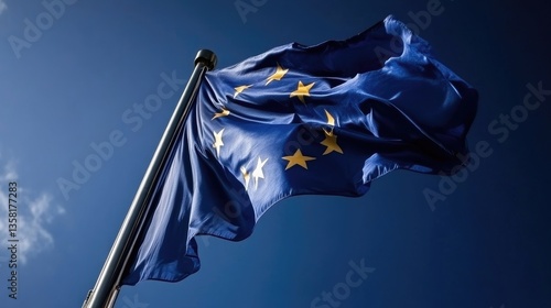 European Union flag waving in the wind against a clear sky