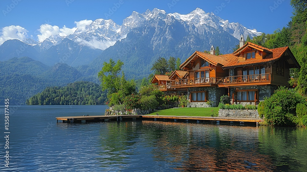 Fototapeta premium Lakeside chalet, mountains, sunny day