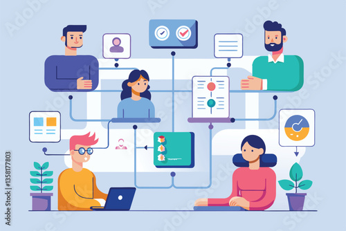 A vibrant semi-flat illustration depicting a team engaging with customizable user flow elements and tasks, User flow Customizable Semi Flat Illustration