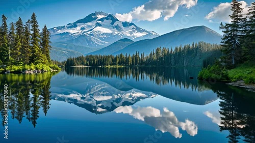 Whistler Mountain beautifully reflects in the calm waters of Lost Lake surrounded by lush trees and a vivid blue sky on a sunny day