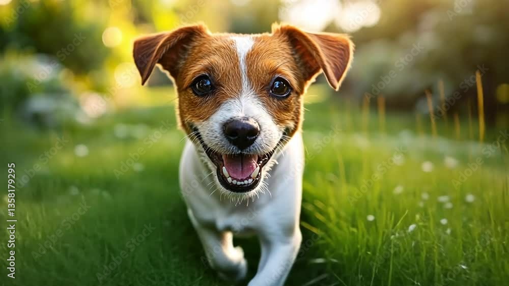 Joyful Jack Russell Terrier Puppy Running in a Sunny Green Field Joyful Jack Russell Terrier Puppy Running in a Sunny Green Field