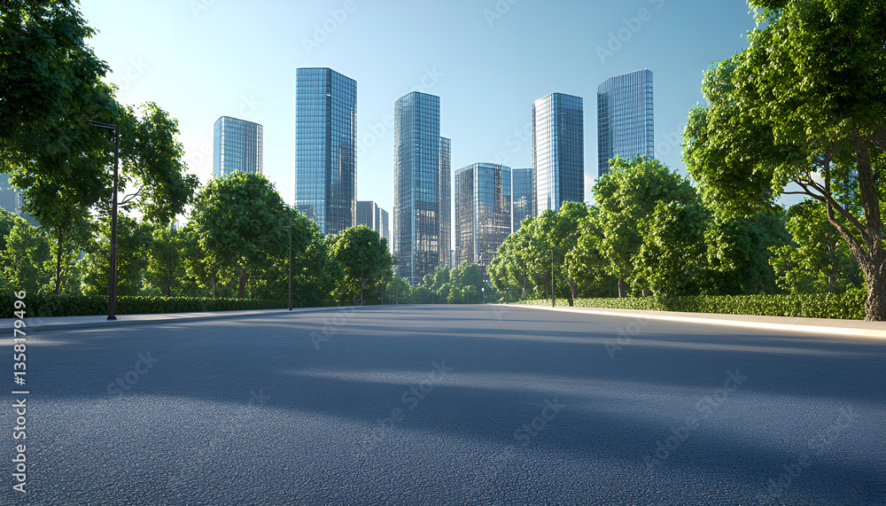 Image of a clean, empty road in front of a modern building in a city Image of a clean, empty road in front of a modern building in a city