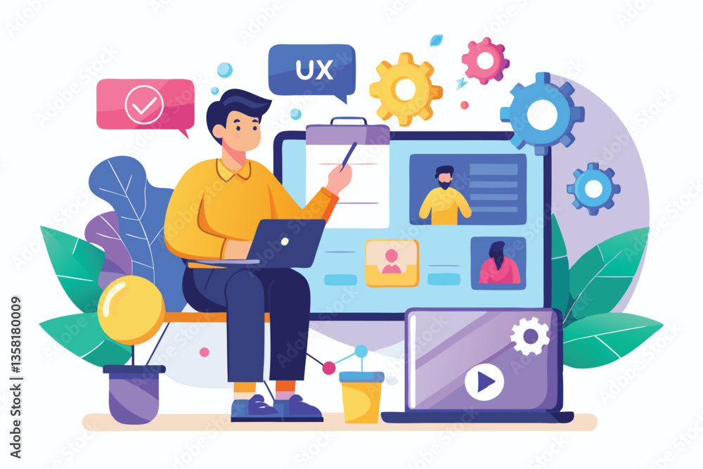 The designer collaborates on user experience strategies using a laptop and sketches concepts surrounded by plants, UX and UI designer cocept, The designer collaborates on user experience strategies using a laptop and sketches concepts surrounded by plants, UX and UI designer cocept,