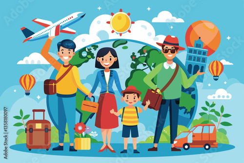 A joyful family enjoys their global vacation, exploring different cultures and destinations together, vacation with family around the world