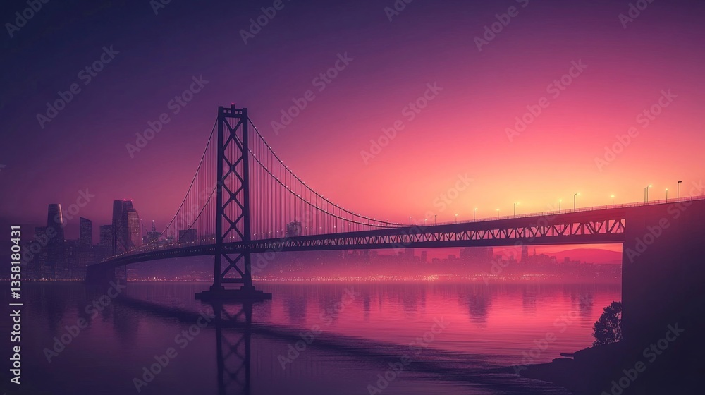 Obraz premium Pink and Purple City Sunset with Bridge Silhouette