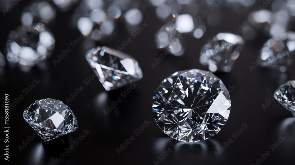 Radiant Diamonds: Captivating close-up view of multiple brilliant-cut diamonds, their facets reflecting light, creating a display of luxury. Radiant Diamonds: Captivating close-up view of multiple brilliant-cut diamonds, their facets reflecting light, creating a display of luxury.