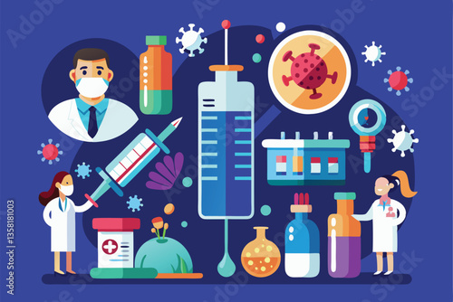 The illustration showcases multiple phases of vaccine development with lab equipment and medical professionals, Vaccine phases Customizable Flat Illustration