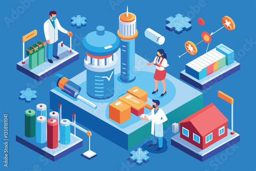 A detailed isometric illustration of vaccine development phases including storage, administration, and distribution, Vaccine phases Customizable Isometric Illustration