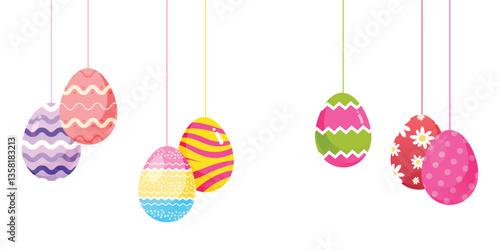 Easter eggs hanging decoration on white background. Happy easter greeting card. Can be used for poster, promotion, template, banner and background.