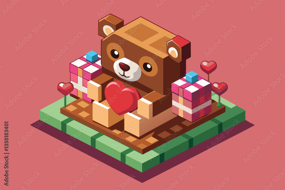 Fototapeta premium A cute isometric teddy bear holds a heart with gifts and decorations for Valentine’s Day festivities, Valentine's day teddy bear Customizable Isometric Illustration