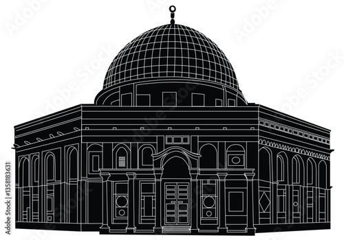 Detailed black and white architectural vector illustration of an Islamic mosque Al Aqsa structure, perfect for historical, cultural, and religious design projects. Ideal for prints, digital artwork.