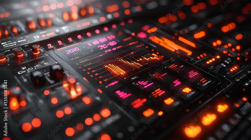 Futuristic audio interface panel glowing with data Futuristic audio interface panel glowing with data