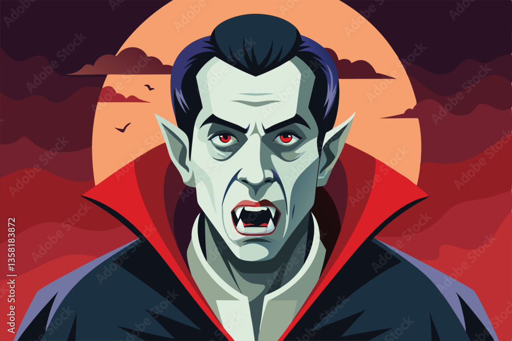 A fierce vampire stands with sharp fangs and striking red eyes, set against a dark, moody sky, Vampires Customizable Disproportionate Illustration A fierce vampire stands with sharp fangs and striking red eyes, set against a dark, moody sky, Vampires Customizable Disproportionate Illustration
