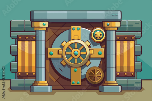This cartoon vault features a colorful design with decorative elements and a sturdy appearance, perfect for projects, Vault Customizable Cartoon Illustration