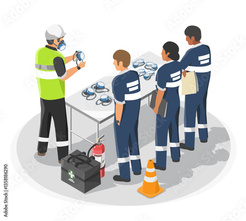 chemical safety training session with industrial workers learning how to properly use respiratory protection masks isometric isolated