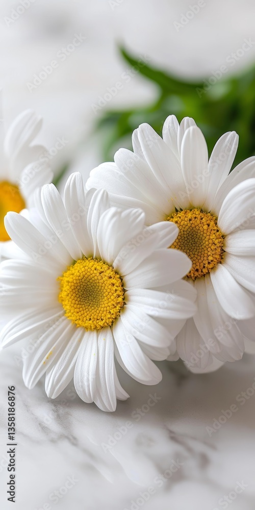 Obraz premium Three White Daisies with Yellow Centers on a White Marble Surface, Copy Space Available