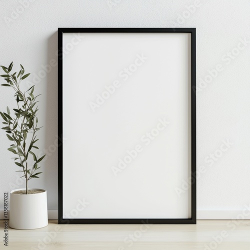 Wallpaper Mural Empty black frame on a light wooden floor beside a potted plant in a minimalistic room setup. Torontodigital.ca