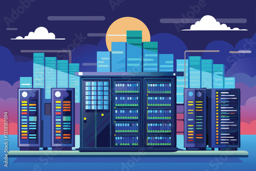 A vibrant flat design shows a big data center illuminated by the setting sun, featuring multiple server racks, Vector illustration in flat design of big data center, server room