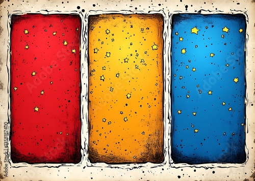 Three colorful rectangles decorated with stars and decorative borders