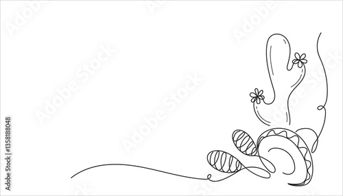 A Mexican themed corner element drawn by one line. Design for celebrate cinco de mayo, page, web banner. Sketch of Mexican attributes. Continuous line drawing art. Minimalist vector illustration.