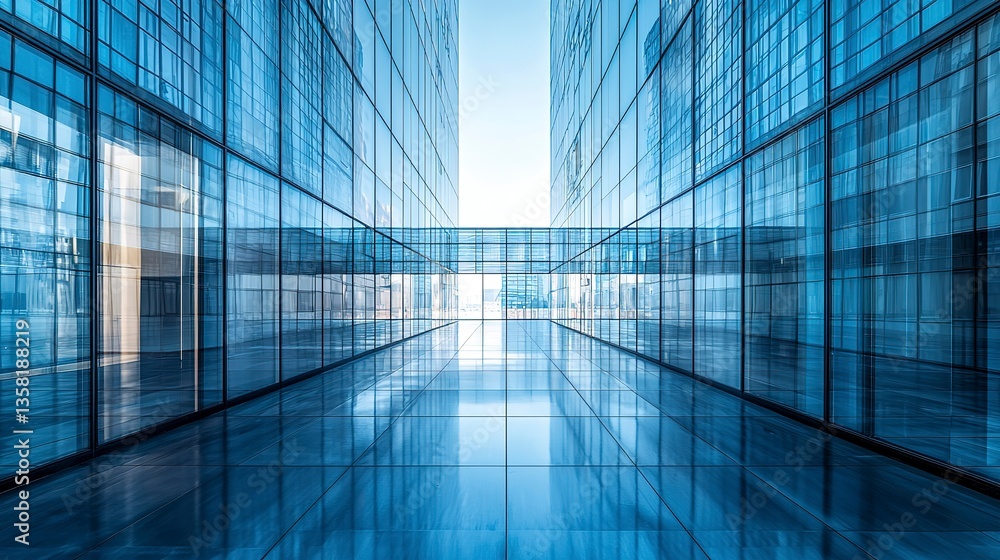 Architectural view of glass buildings featuring a pedestrian walkway Architectural view of glass buildings featuring a pedestrian walkway
