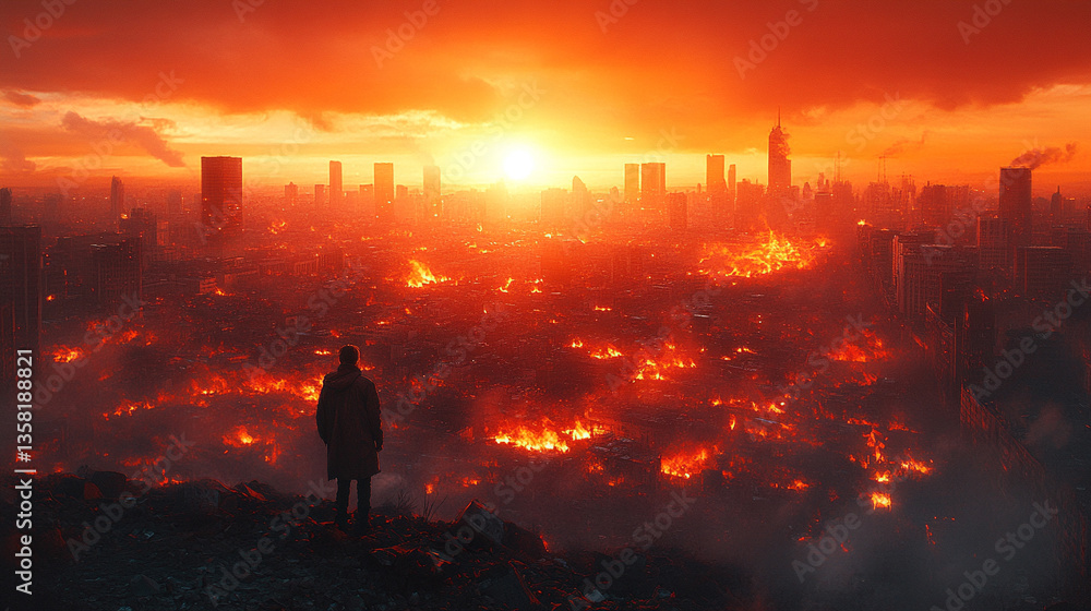 Fototapeta premium post-apocalyptic cityscape with destroyed buildings, burning rubble, and a polluted environment, symbolizing chaos, devastation, and the collapse of civilization amidst a bright light of hope