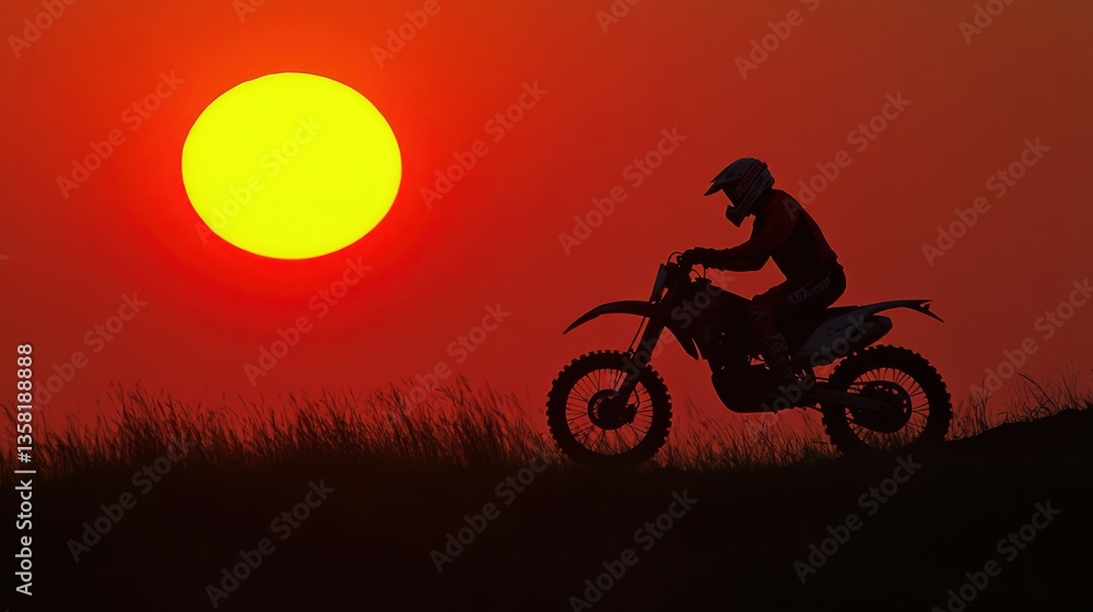 Silhouette of a Motorcyclist Against a Vivid Sunset with a Bright Sun and Grassy Horizon Silhouette of a Motorcyclist Against a Vivid Sunset with a Bright Sun and Grassy Horizon