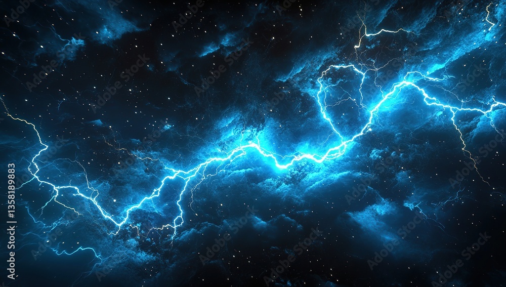 Fototapeta premium Electric Blue Lightning Bolt in a Dark Starry Galaxy
