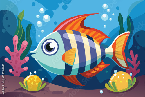 A vibrant fish swims among underwater plants and colorful corals, surrounded by small bubbles rising, Vector illustration of underwater fish