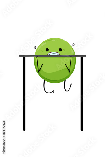 Vector illustration of a green pea character doing pull-ups on a black bar.