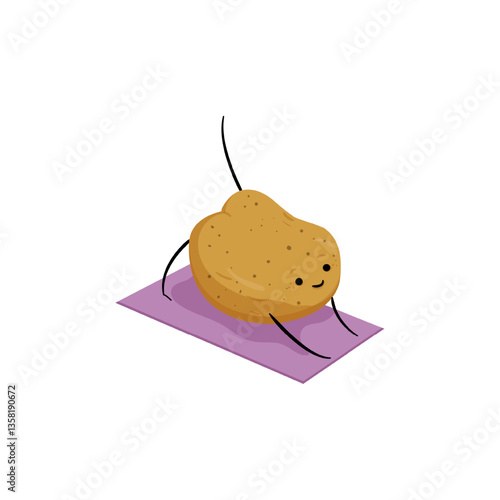 Vector illustration of a brown potato character doing yoga on a purple mat.