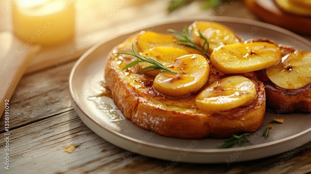 Delicious French toast topped with caramelized apples and fresh herbs served on a rustic wooden table Delicious French toast topped with caramelized apples and fresh herbs served on a rustic wooden table