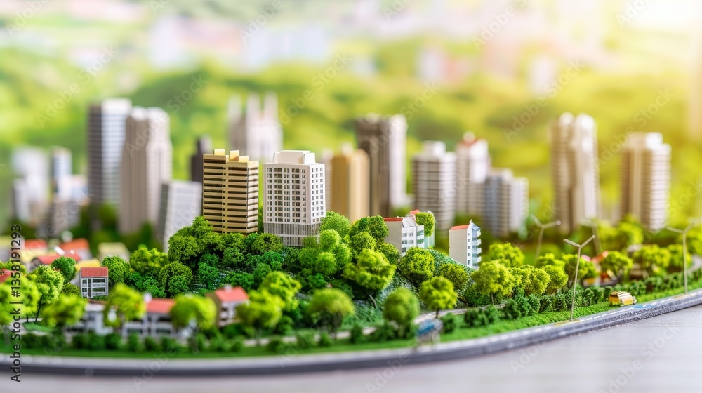 Fototapeta premium Miniature city scene with buildings, trees, and houses. Sunny day and greenery