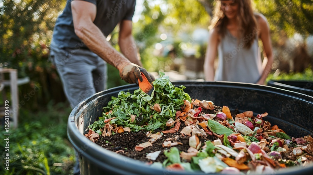 A Young Couple Actively Composing Kitchen Waste for a Vibrant Garden A Young Couple Actively Composing Kitchen Waste for a Vibrant Garden