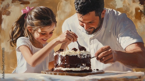 Wallpaper Mural Father and daughter joyfully icing a chocolate cake together Torontodigital.ca