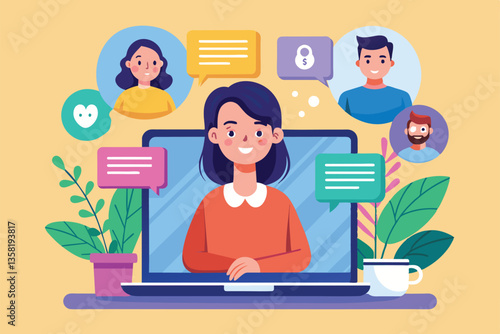 A woman is participating in an interactive video call with various attendees, featuring colorful chat bubbles, Video call Customizable Flat Illustration