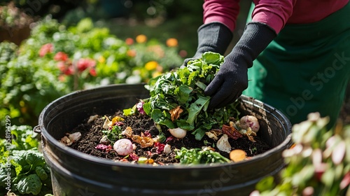 A dedicated gardener skillfully using a compost bin for rich soil conversion