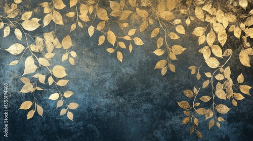 Gold Leaves on Dark Blue Textured Background