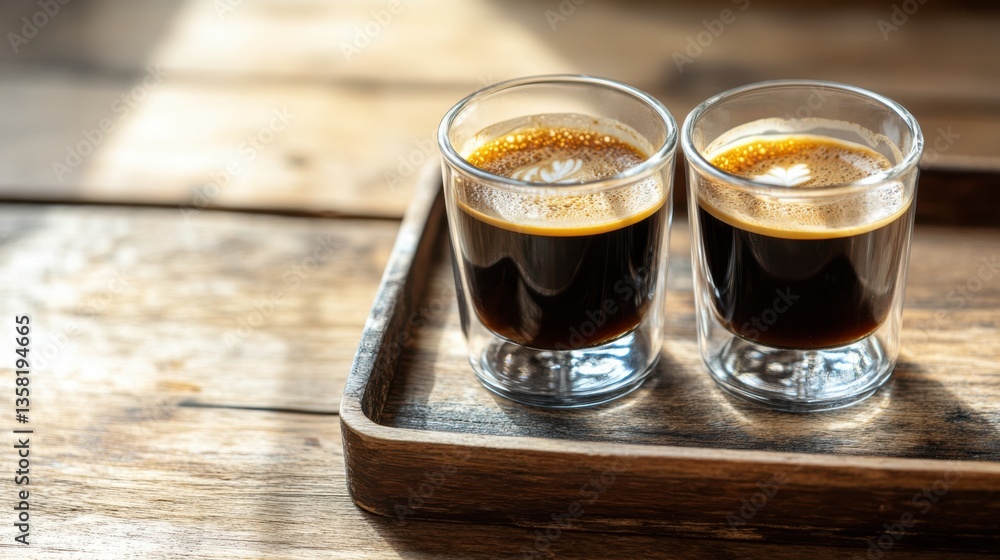 Freshly Brewed Espresso Served in Clear Glasses on Wooden Tray with Soft Natural Light Freshly Brewed Espresso Served in Clear Glasses on Wooden Tray with Soft Natural Light