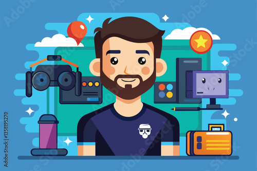 A cartoon character representing a game developer surrounded by design tools and gaming equipment, Video game developer Customizable Cartoon Illustration