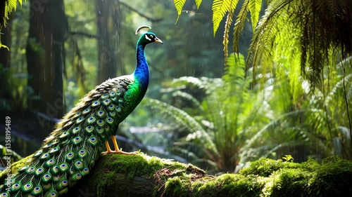 Wallpaper Mural A vibrant peacock displays its stunning plumage amidst a lush forest with sunlight filtering through the trees on a serene afternoon Torontodigital.ca