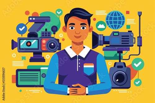 A young videographer stands confidently, surrounded by an array of camera gear, showcasing his passion for filming, Videographer Customizable Disproportionate Illustration