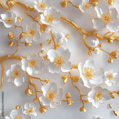 Wallpaper Mural 3D Metallic Gold & White Apricot Blossom -- Torontodigital.ca