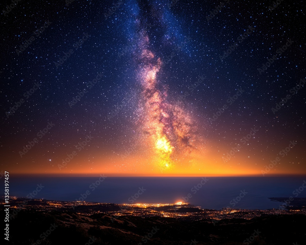 Stunning night sky with Milky Way galaxy over coastal city lights and ocean Stunning night sky with Milky Way galaxy over coastal city lights and ocean