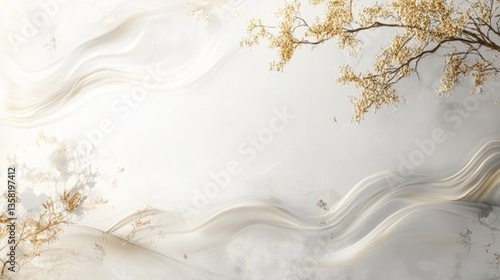 Elegant White Marble Background with Gold Branches